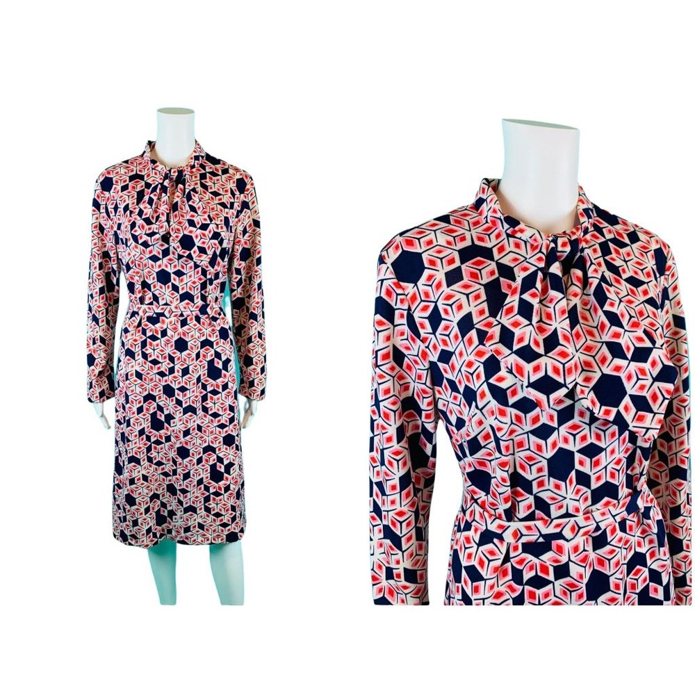 Vintage 70s Ascot Dress Womens XL Pink Cube Print Long Sleeves B Altman
